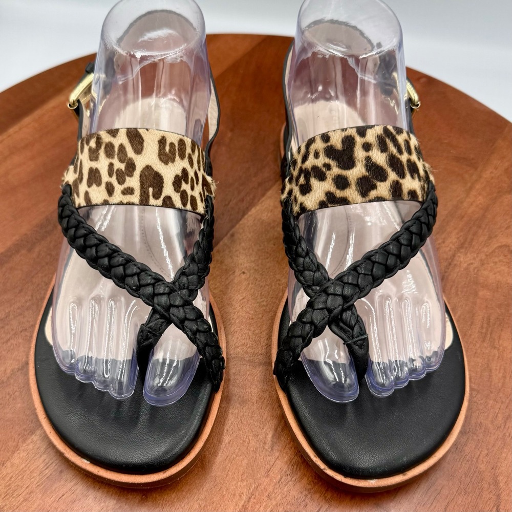 Cole Haan Anica Braided Leather Sandals Black Leopard Calf Hair Slingback W 7